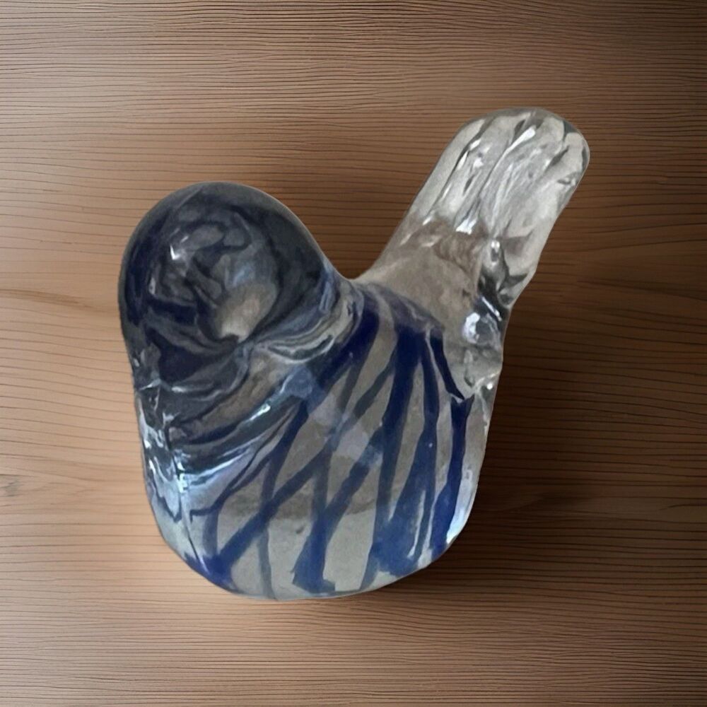 Vintage Hand Blown Art Glass Bird Figurine Paperweight Glass With Blue Ribbon